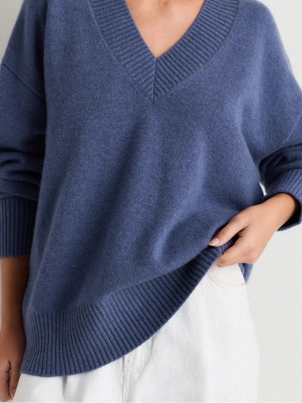 Mongolian Cashmere Oversized V-Neck Sweater - Heather Storm Blue